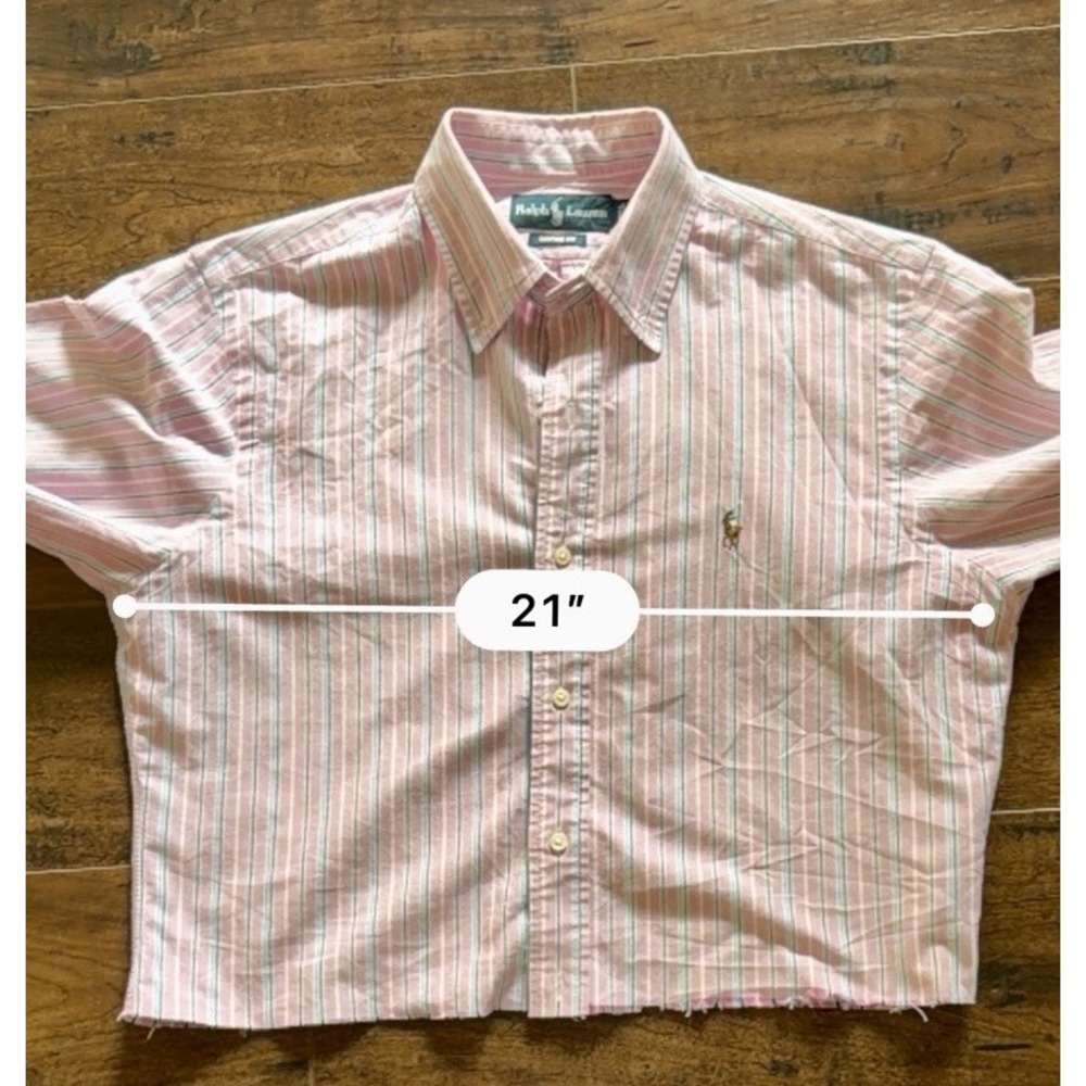 Polo Ralph Lauren Pink Striped Button Down Mens M Cropped Raw Hem Upcycled Women - Picture 6 of 6